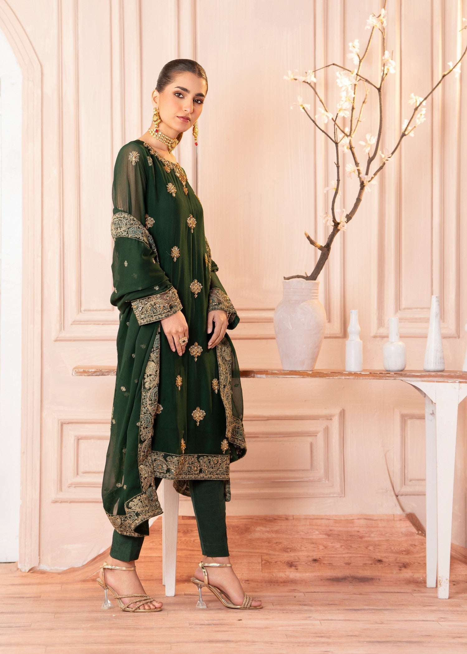 Pakistani Designer Bottle Green Chiffon Salwar Kameez Online in KSA Riyadh Saudi Arabia Oman Bahrain Qatar