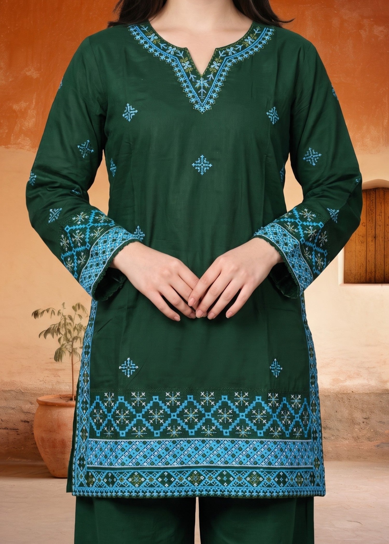 Pakistani Designer Bottle Green Cotton Suit Online in UK USA Canada