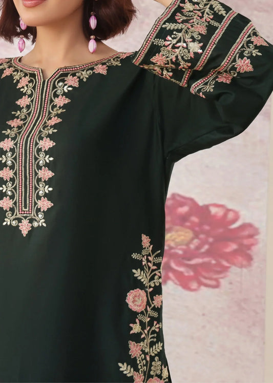 Pakistani Designer Bottle Green Embroidered Suit Online in KSA Riyadh Saudi Arabia Oman Bahrain Qatar