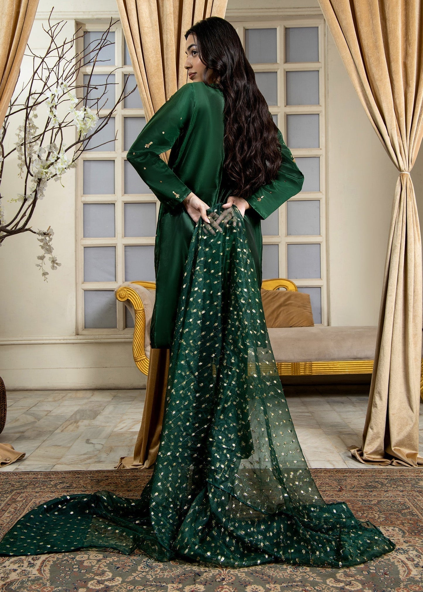 Pakistani Designer Bottle Green Kattan Silk Embellished Suit Online in Sri Lanka India Australia