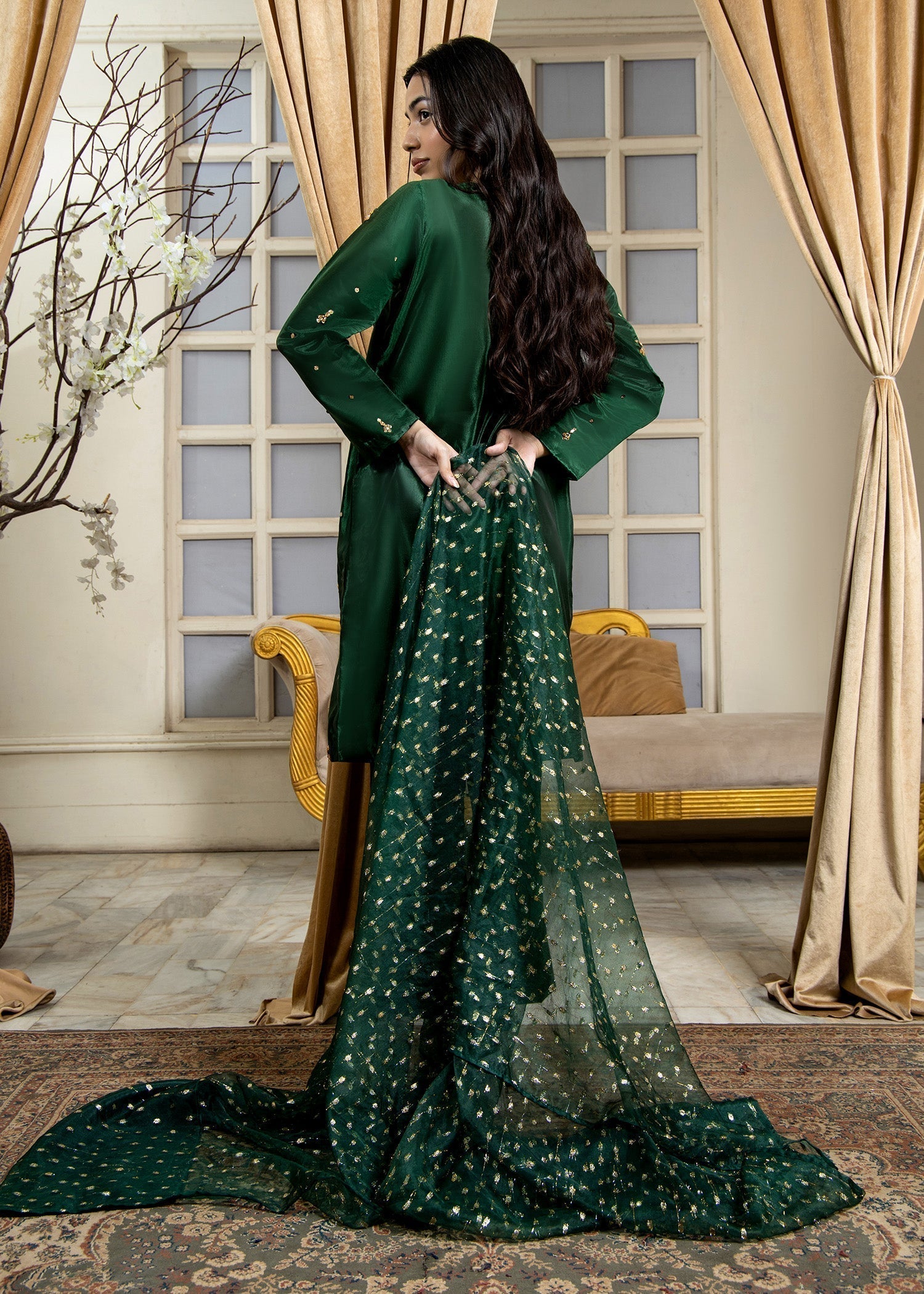 Pakistani Designer Bottle Green Kattan Silk Embellished Suit Online in Sri Lanka India Australia