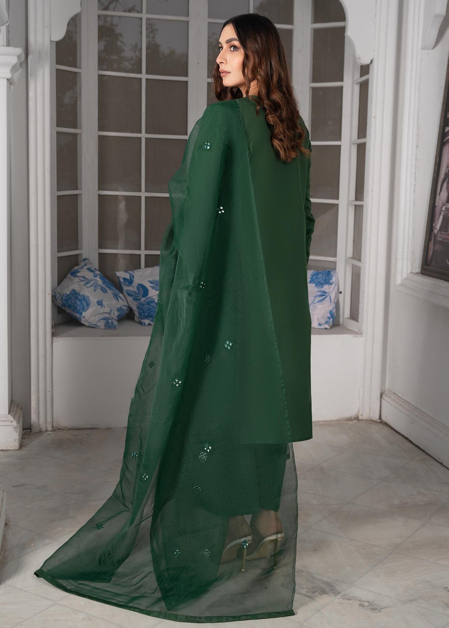 Pakistani Designer Bottle Green Mirror Work Suit Online in UK USA Canada