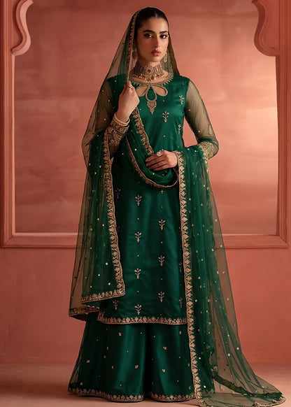 Pakistani Designer Bottle Green Net Sharara Suit Online in KSA Riyadh Saudi Arabia Oman Bahrain Qatar