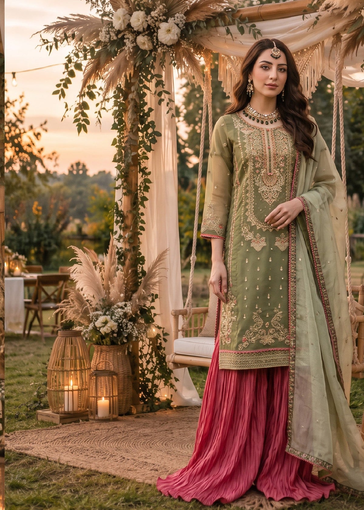 Pakistani Designer Bottle Green Organza Lehenga Online in KSA Riyadh Saudi Arabia Oman Bahrain Qatar