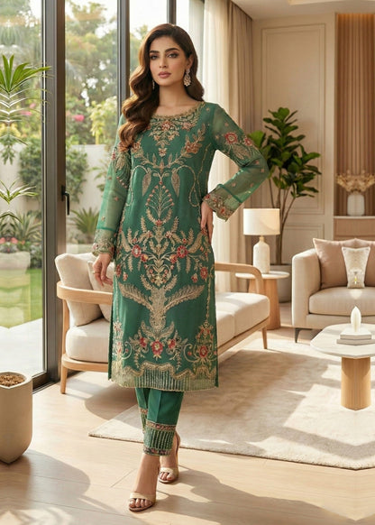 Pakistani Designer Bottle Green Organza Suit Online in KSA Riyadh Saudi Arabia Oman Bahrain Qatar