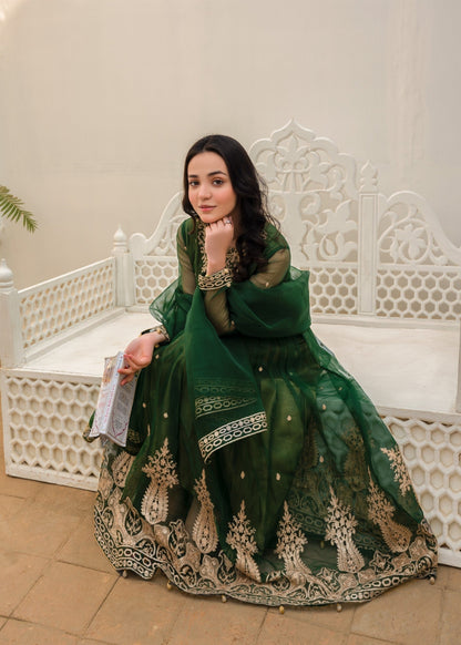 Pakistani Designer Bottle Green Pishwas Salwar Kameez Online in KSA Riyadh Saudi Arabia Oman Bahrain Qatar