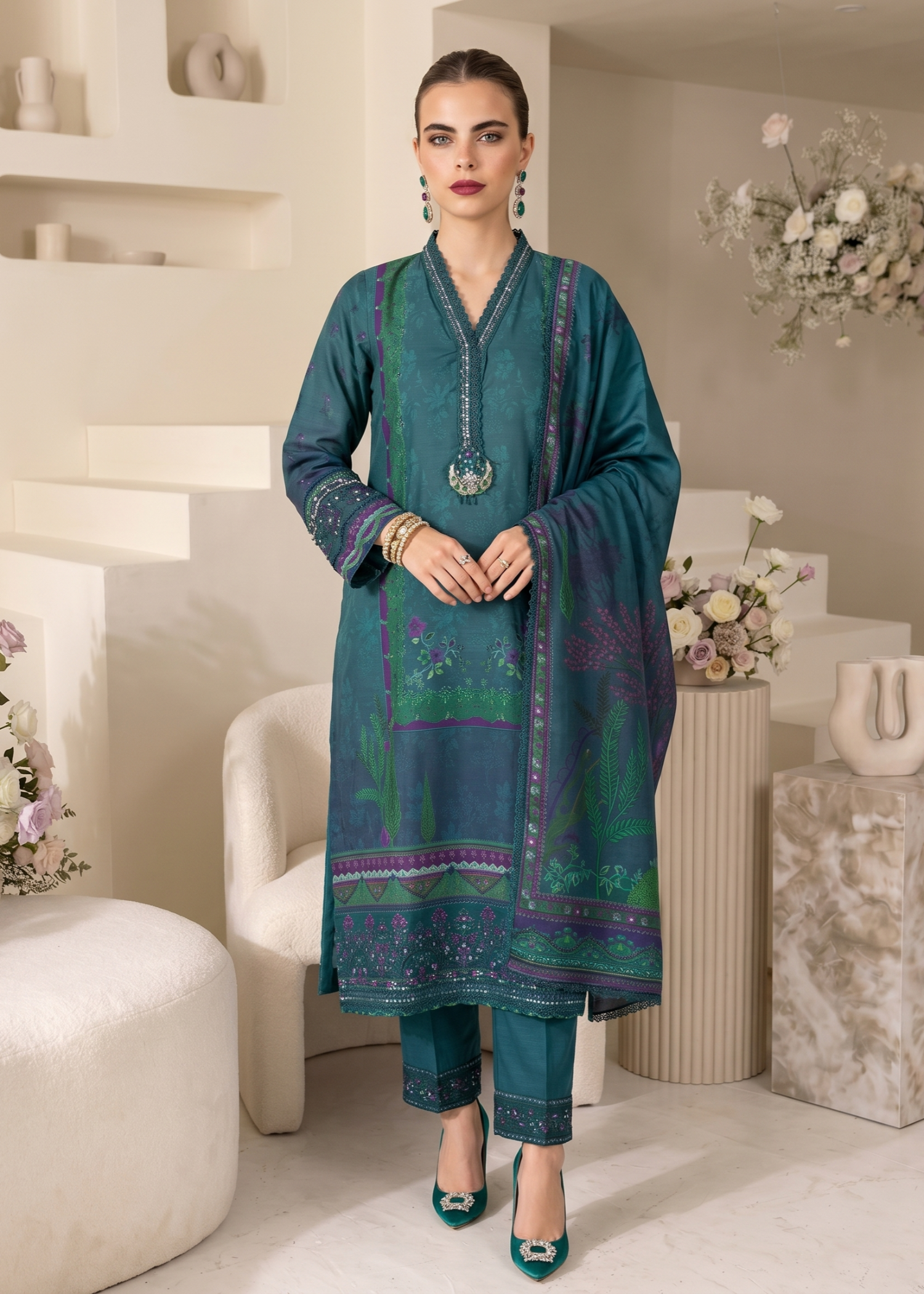 Pakistani Designer Bottle Green Raw Silk Salwar Kameez Online in KSA Riyadh Saudi Arabia Oman Bahrain Qatar