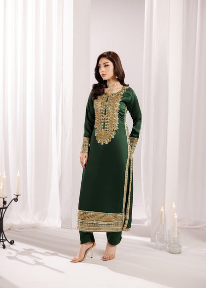 Pakistani Designer Bottle Green Silk Salwar Kameez Online in KSA Riyadh Saudi Arabia Oman Bahrain Qatar