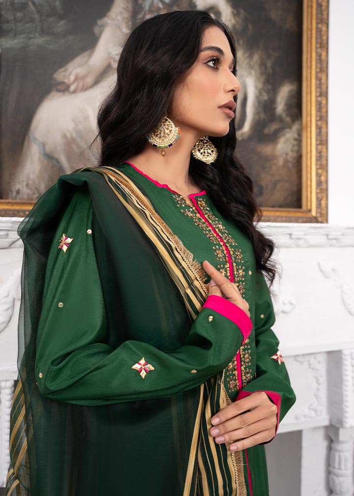Pakistani Designer Bottle Green Silk Suit Online in KSA Riyadh Saudi Arabia Oman Bahrain Qatar