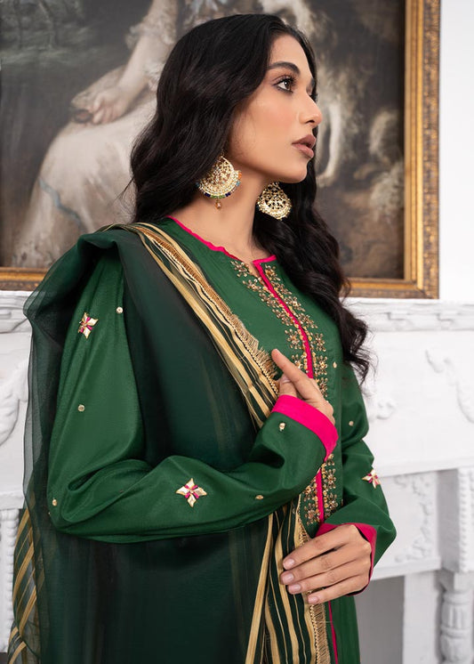Pakistani Designer Bottle Green Silk Suit Online in KSA Riyadh Saudi Arabia Oman Bahrain Qatar