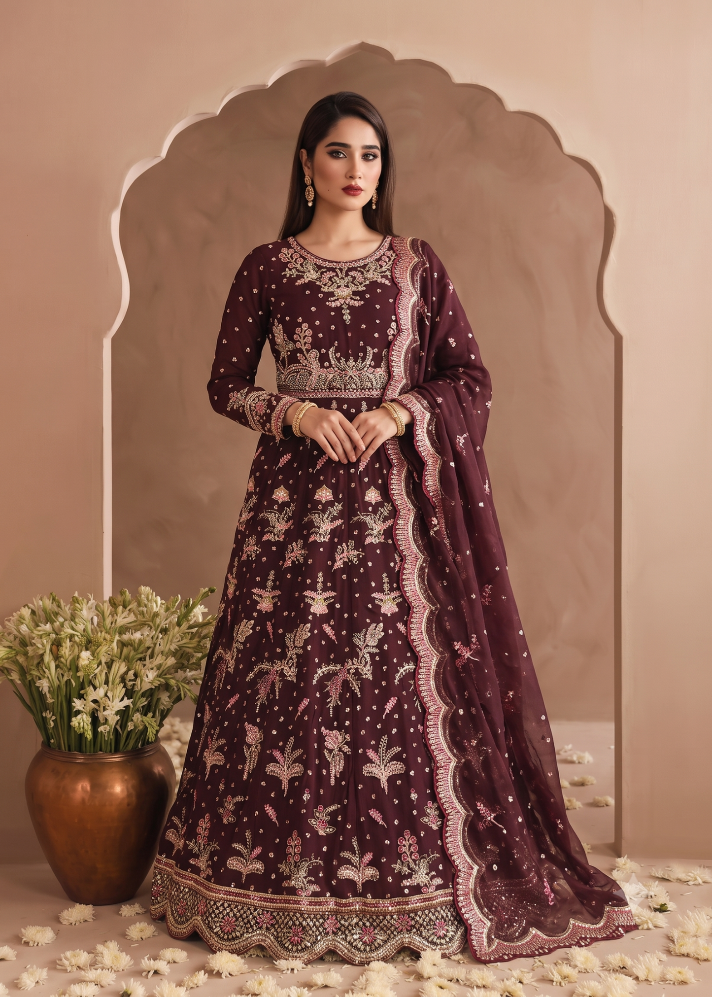 Pakistani Designer Brown Chiffon Festive Maxi Online in KSA Riyadh Saudi Arabia Oman Bahrain Qatar