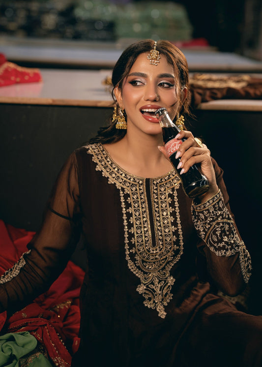 Pakistani Designer Brown Chiffon Festive Suit Online in KSA Riyadh Saudi Arabia Oman Bahrain Qatar