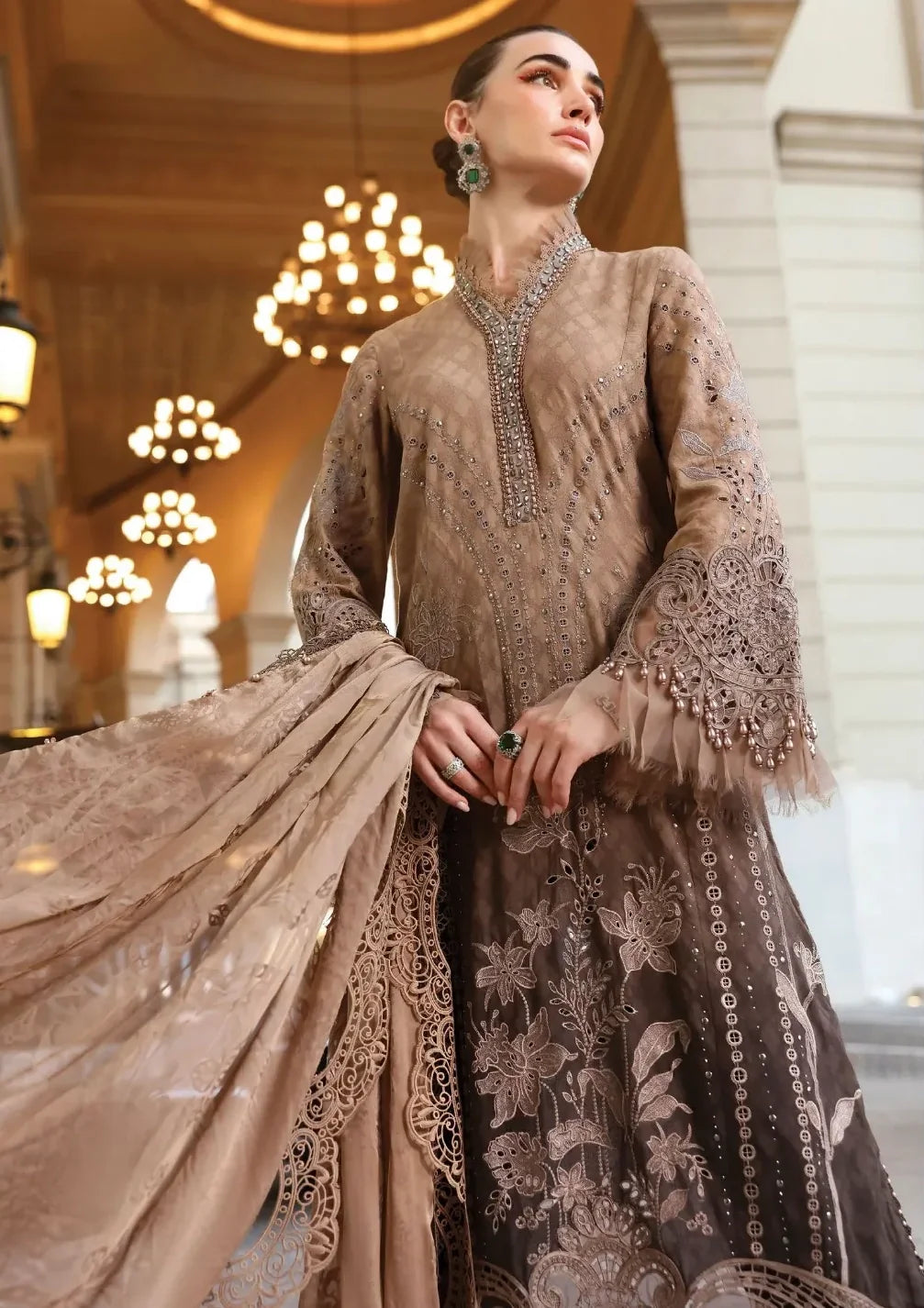 Pakistani Designer Brown Lawn Salwar Kameez Online in KSA Riyadh Saudi Arabia Oman Bahrain Qatar