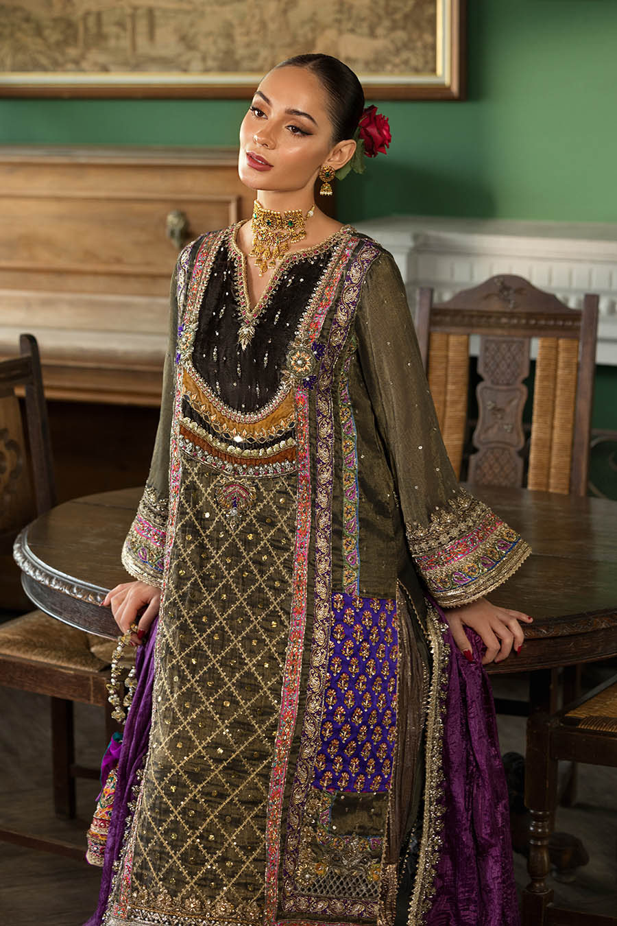 Pakistani Designer Brown Mesuri Net Sharara Suit Online in KSA Riyadh Saudi Arabia Oman Bahrain Qatar