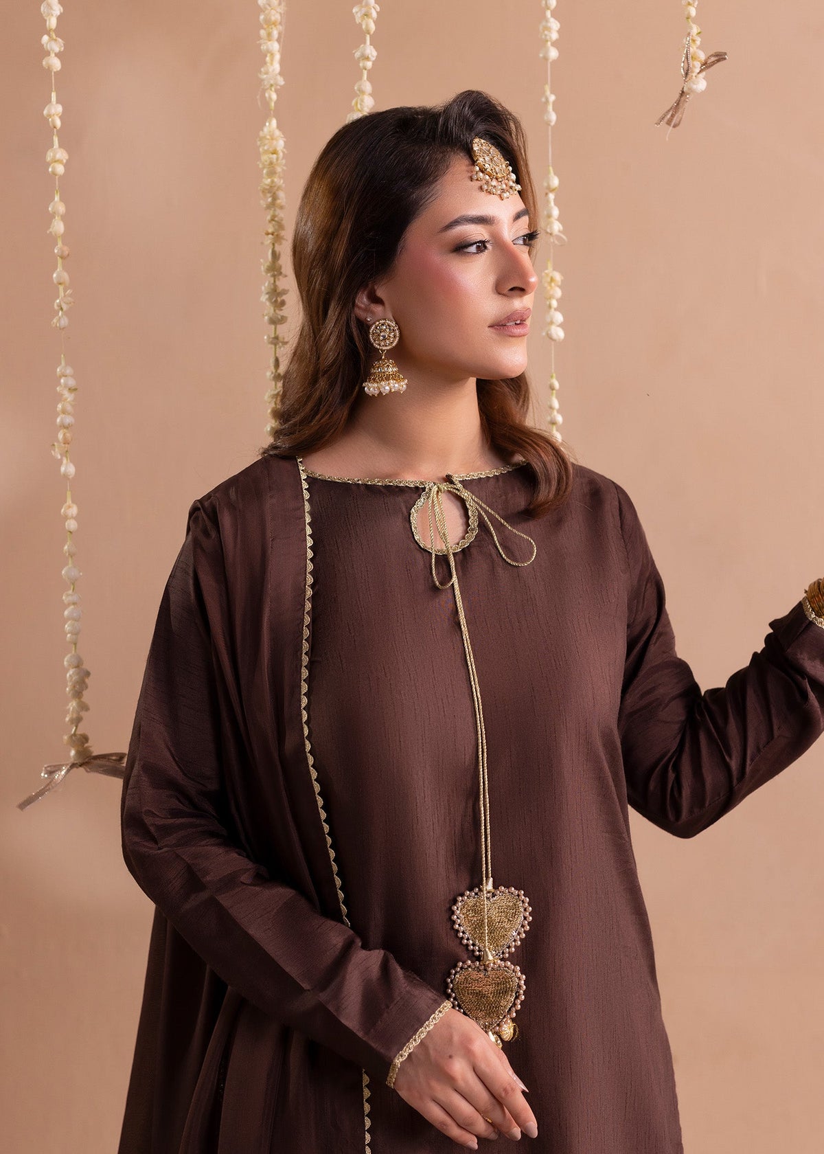 Pakistani Designer Brown Raw Silk Partywear Salwar Kameez Online in KSA Riyadh Saudi Arabia Oman Bahrain Qatar