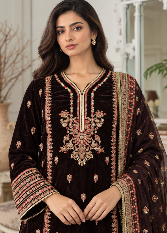Pakistani Designer Brown Velvet Salwar Kameez Online in KSA Riyadh Saudi Arabia Oman Bahrain Qatar