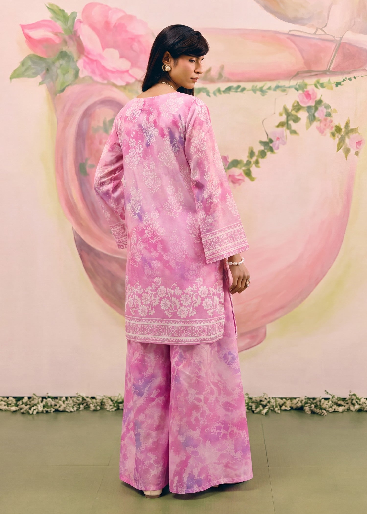Pakistani Designer Bubblegum Pink Lawn Sharara Gharara Online in KSA Riyadh Saudi Arabia Oman Bahrain Qatar