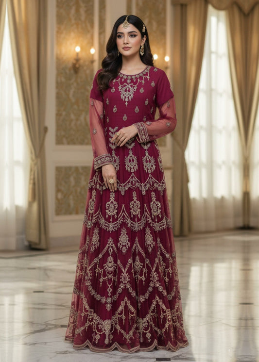 Pakistani Designer Burgundy Net Salwar Kameez Online in KSA Riyadh Saudi Arabia Oman Bahrain Qatar