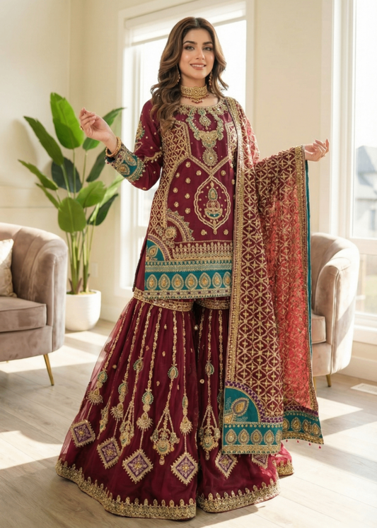 Pakistani Designer Burgundy Organza Sharara Gharara Online in KSA Riyadh Saudi Arabia Oman Bahrain Qatar