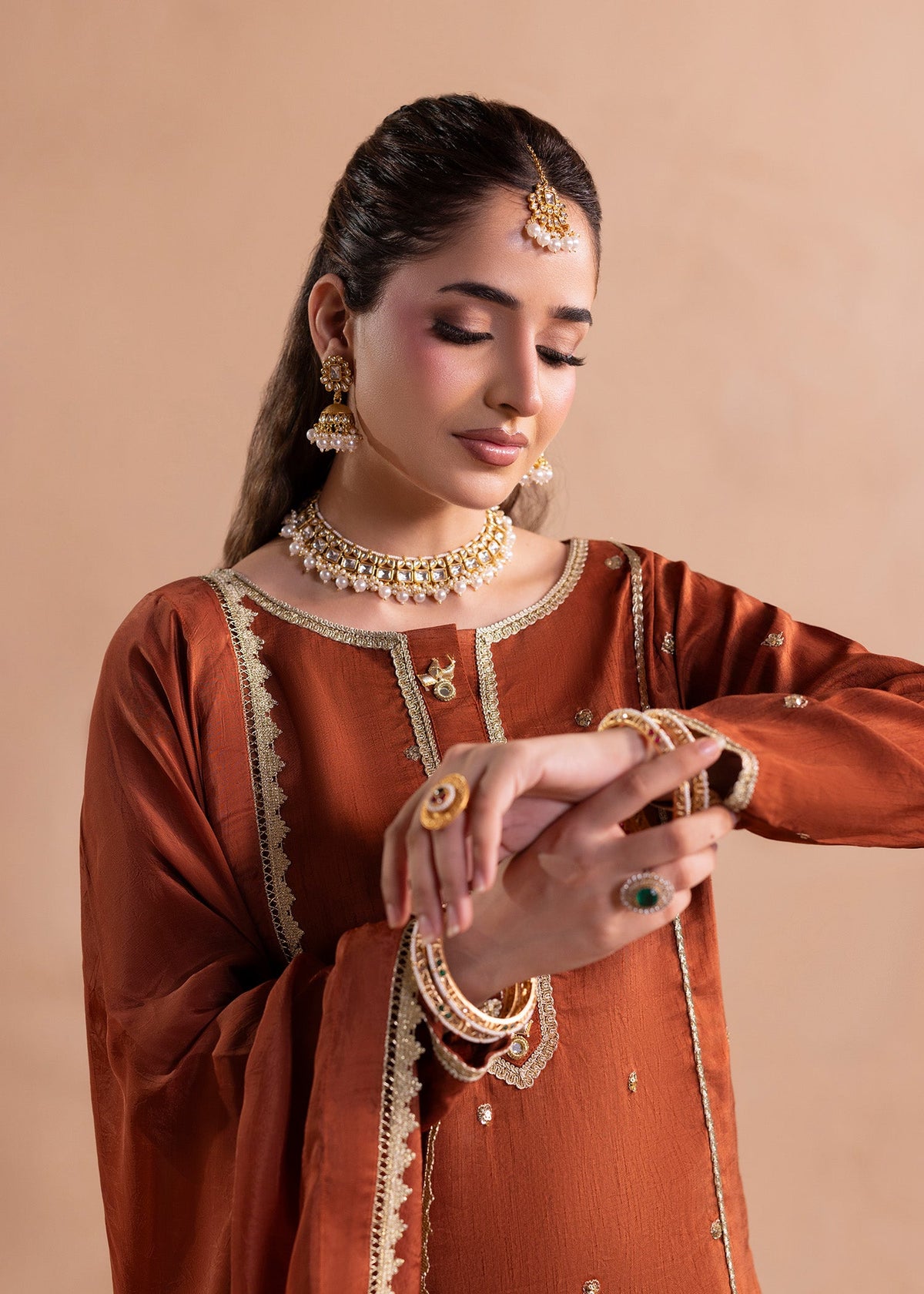 Pakistani Designer Burnt Orange Raw Silk Salwar Kameez Online in KSA Riyadh Saudi Arabia Oman Bahrain Qatar