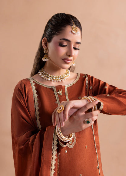 Pakistani Designer Burnt Orange Raw Silk Salwar Kameez Online in KSA Riyadh Saudi Arabia Oman Bahrain Qatar
