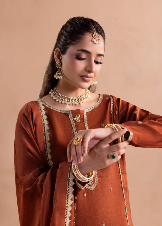 Pakistani Designer Burnt Orange Raw Silk Salwar Kameez Online in KSA Riyadh Saudi Arabia Oman Bahrain Qatar
