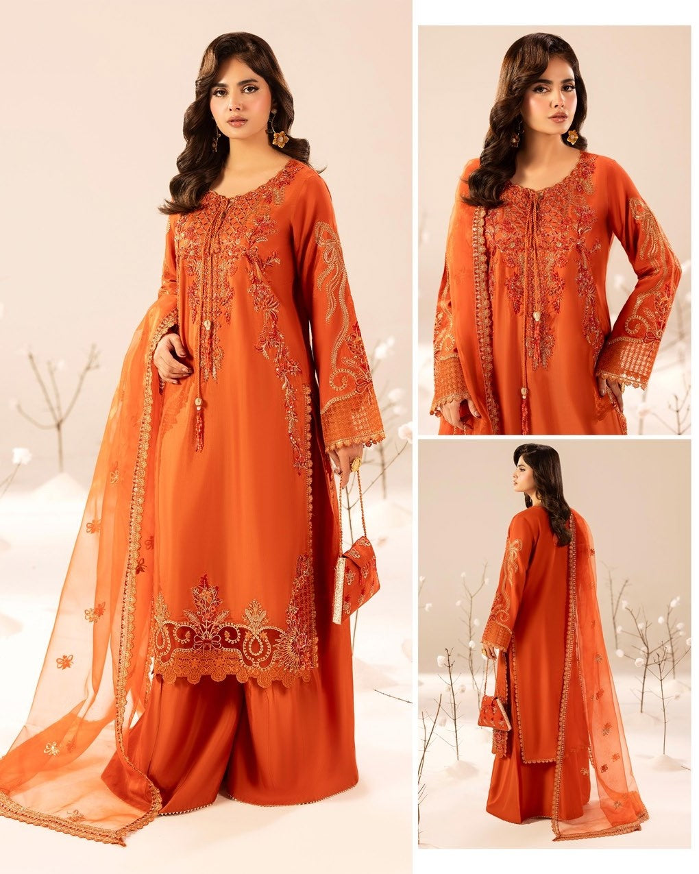 Pakistani Designer Burnt Orange Raw Silk Salwar Kameez Online in KSA Riyadh Saudi Arabia Oman Bahrain Qatar