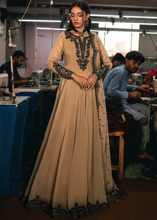 Pakistani Designer Camel Brown Chiffon Peshwas Suit Online in KSA Riyadh Saudi Arabia Oman Bahrain Qatar