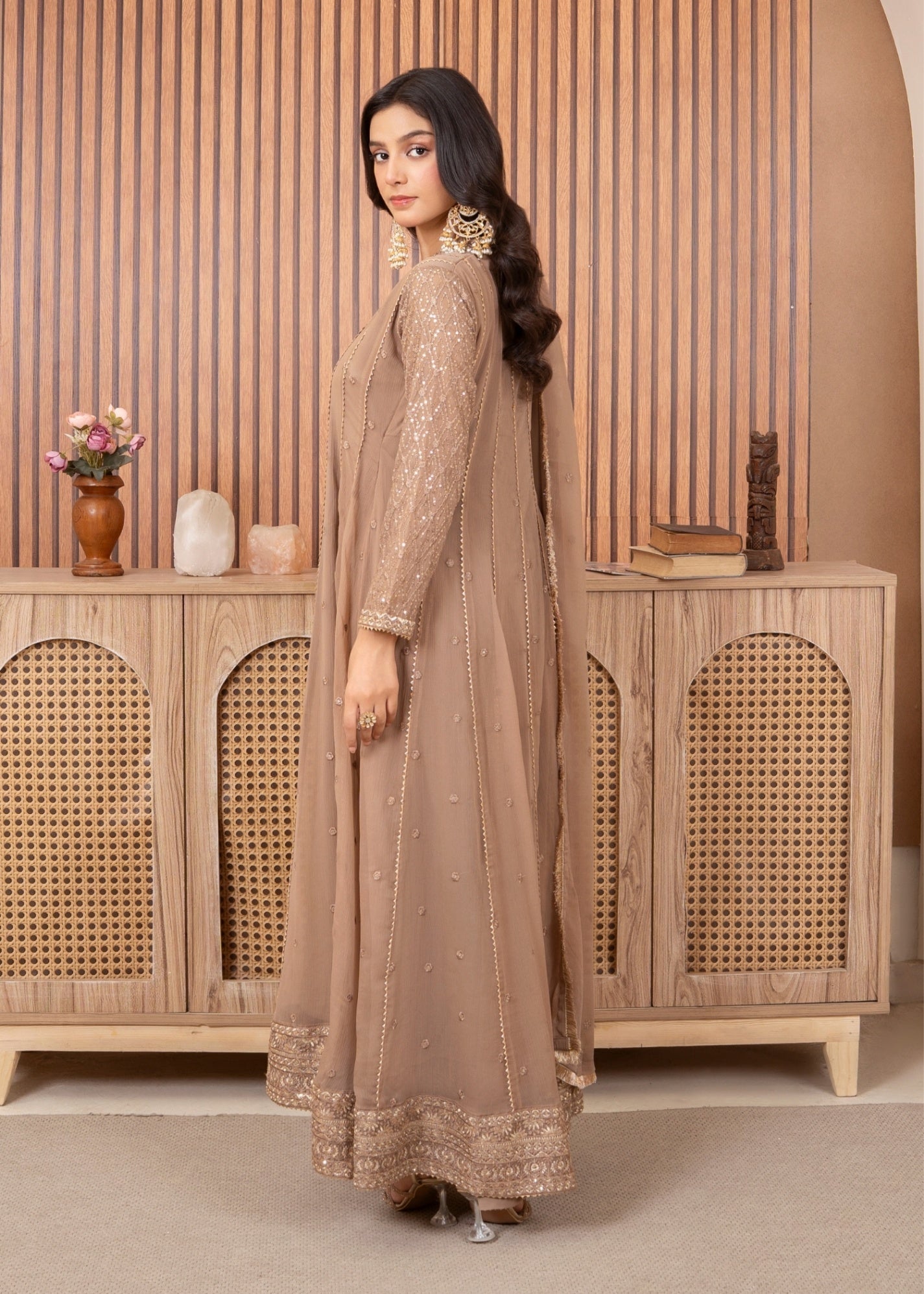 Pakistani Designer Camel Brown Chiffon Salwar Kameez Online in KSA Riyadh Saudi Arabia Oman Bahrain Qatar