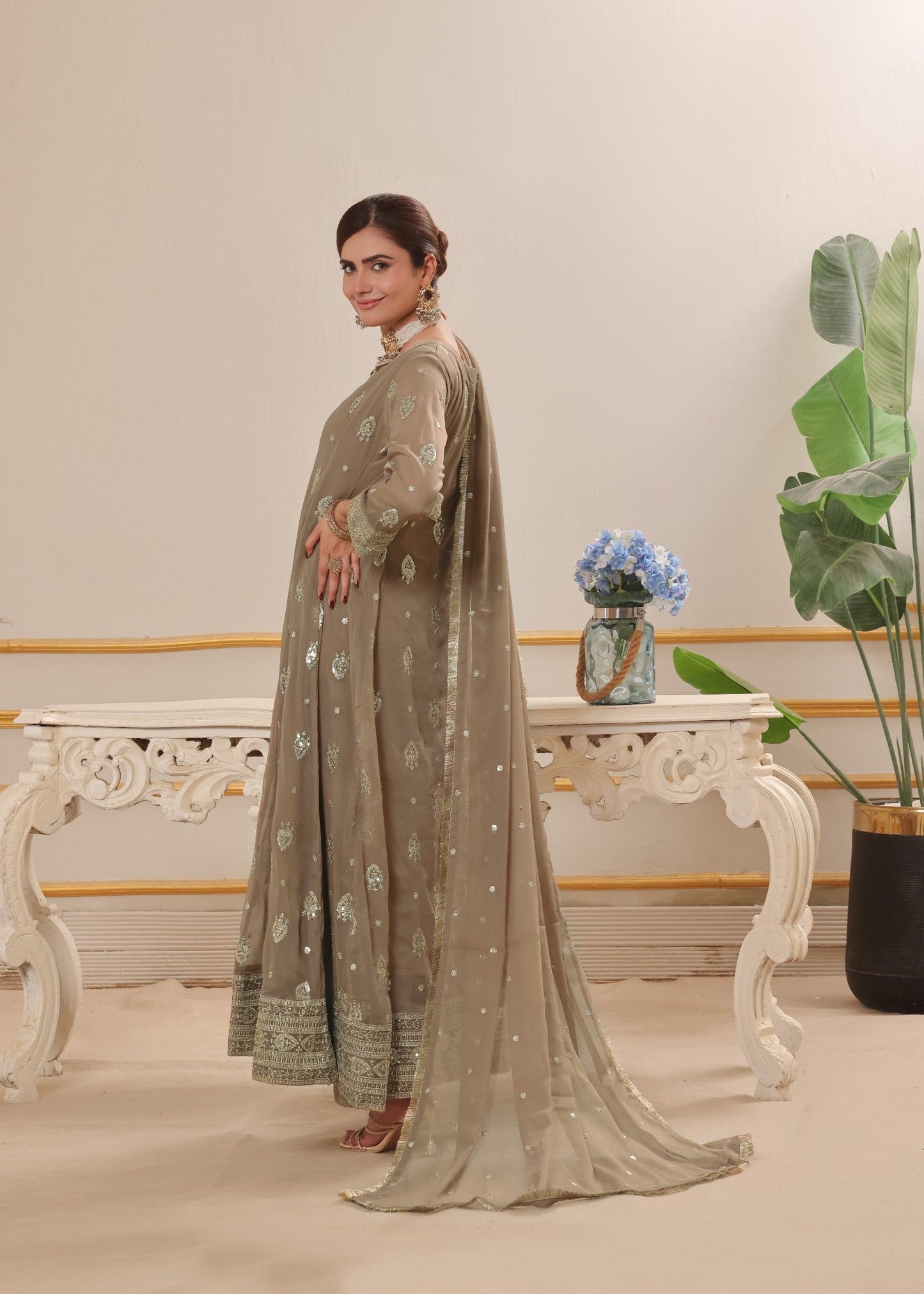 Pakistani Designer Camel Brown Chiffon Salwar Kameez Online in KSA Riyadh Saudi Arabia Oman Bahrain Qatar