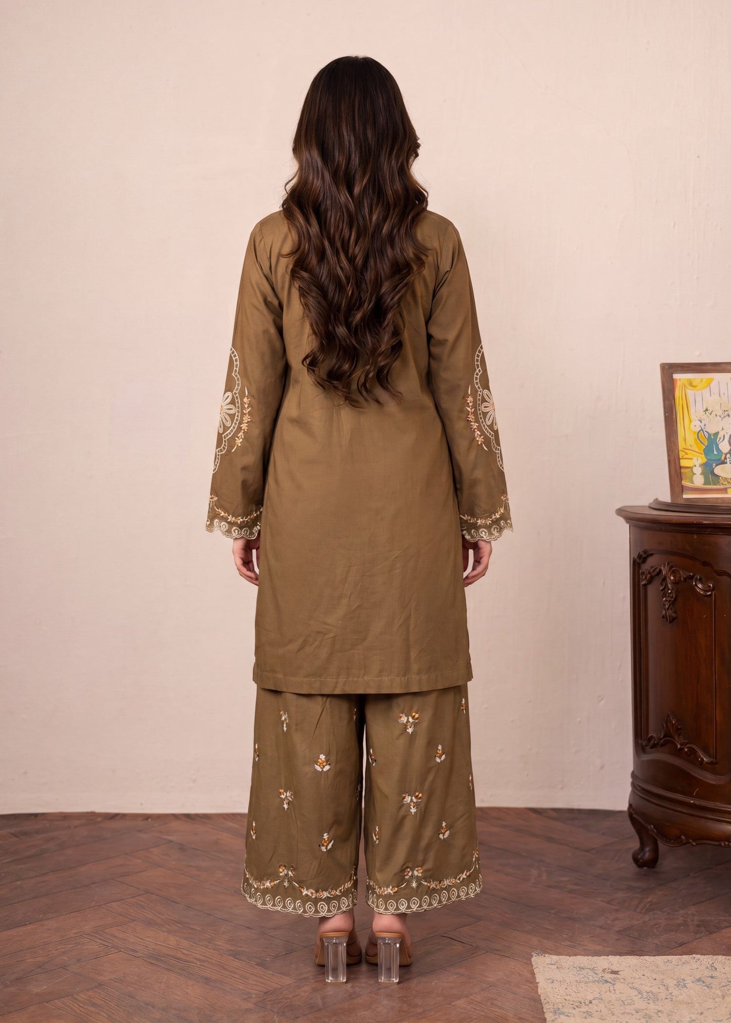 Pakistani Designer Camel Brown Lawn Kurta Set Online in KSA Riyadh Saudi Arabia Oman Bahrain Qatar