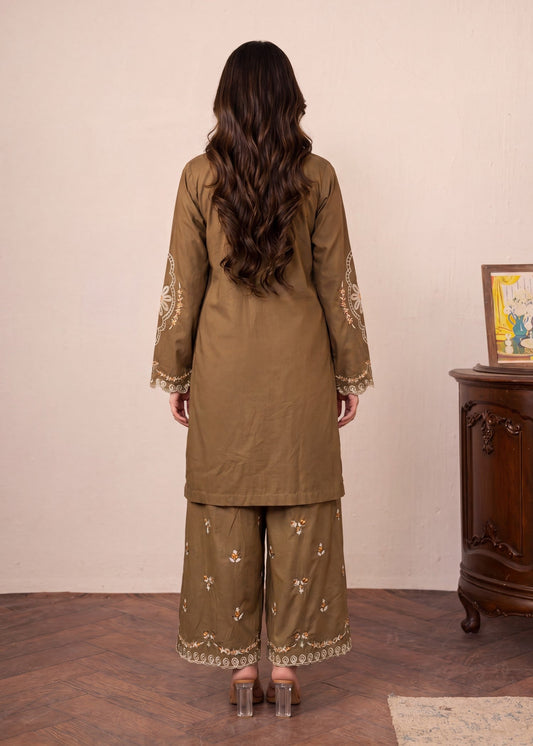 Pakistani Designer Camel Brown Lawn Kurta Set Online in KSA Riyadh Saudi Arabia Oman Bahrain Qatar