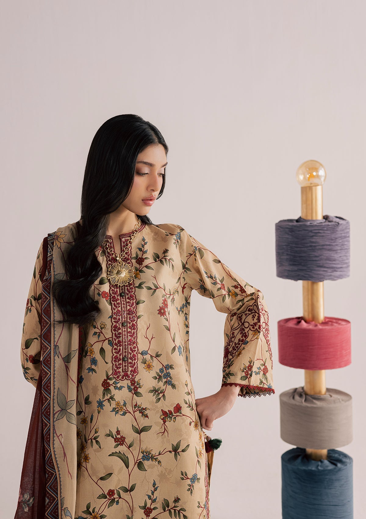 Pakistani Designer Camel Brown Lawn Salwar Kameez Online in KSA Riyadh Saudi Arabia Oman Bahrain Qatar