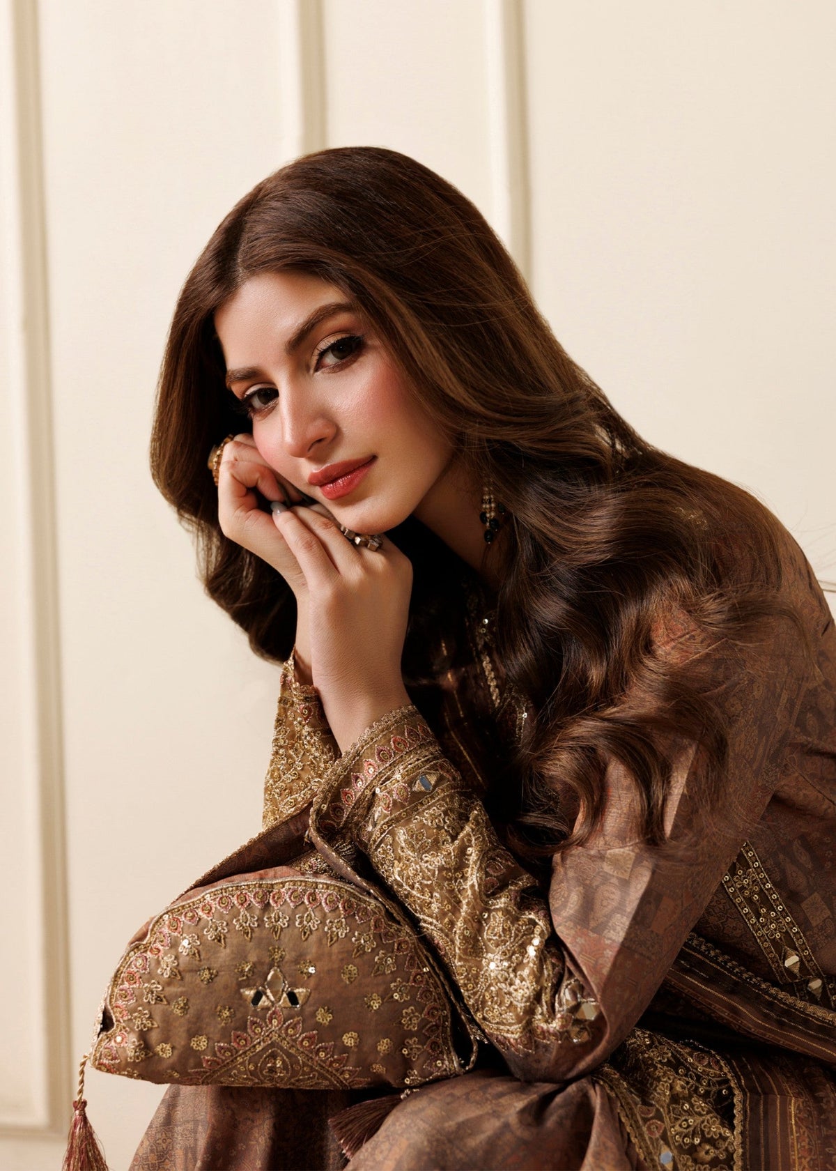 Pakistani Designer Camel Brown Mirror Work Gharara Online in KSA Riyadh Saudi Arabia Oman Bahrain Qatar