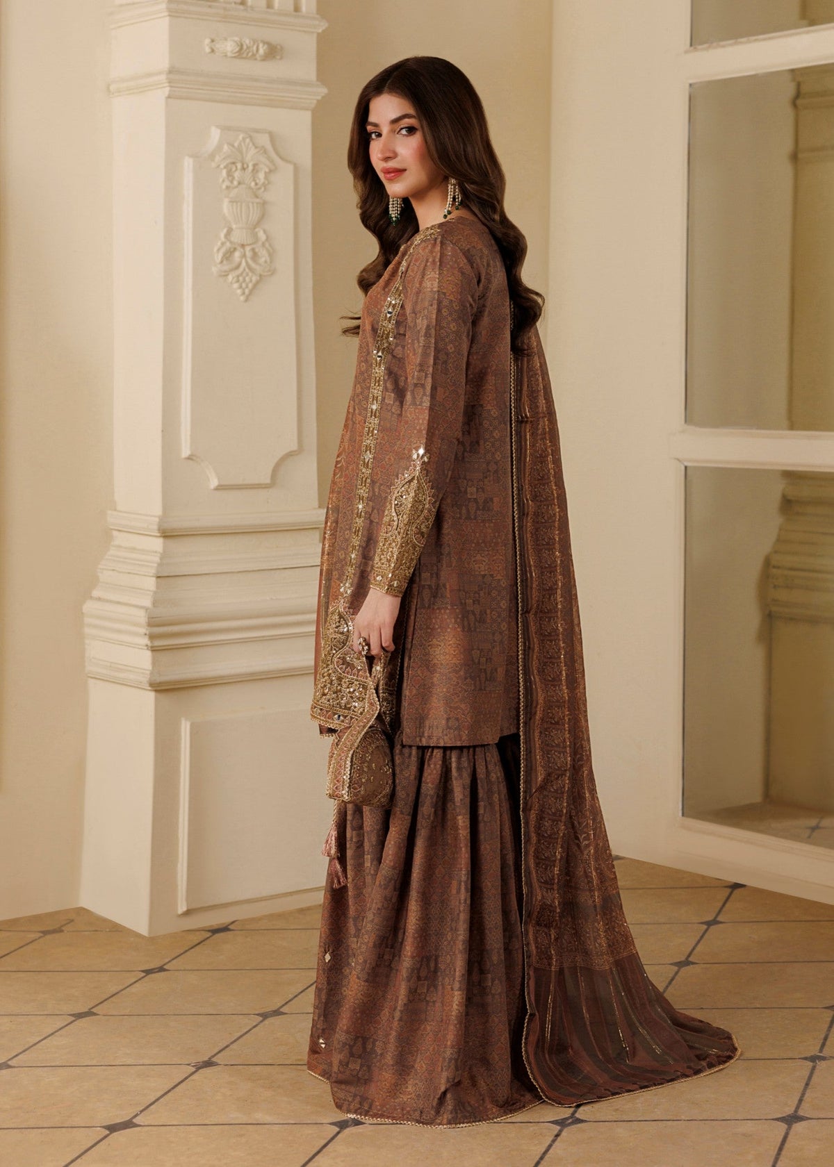 Pakistani Designer Camel Brown Mirror Work Gharara Online in KSA Riyadh Saudi Arabia Oman Bahrain Qatar