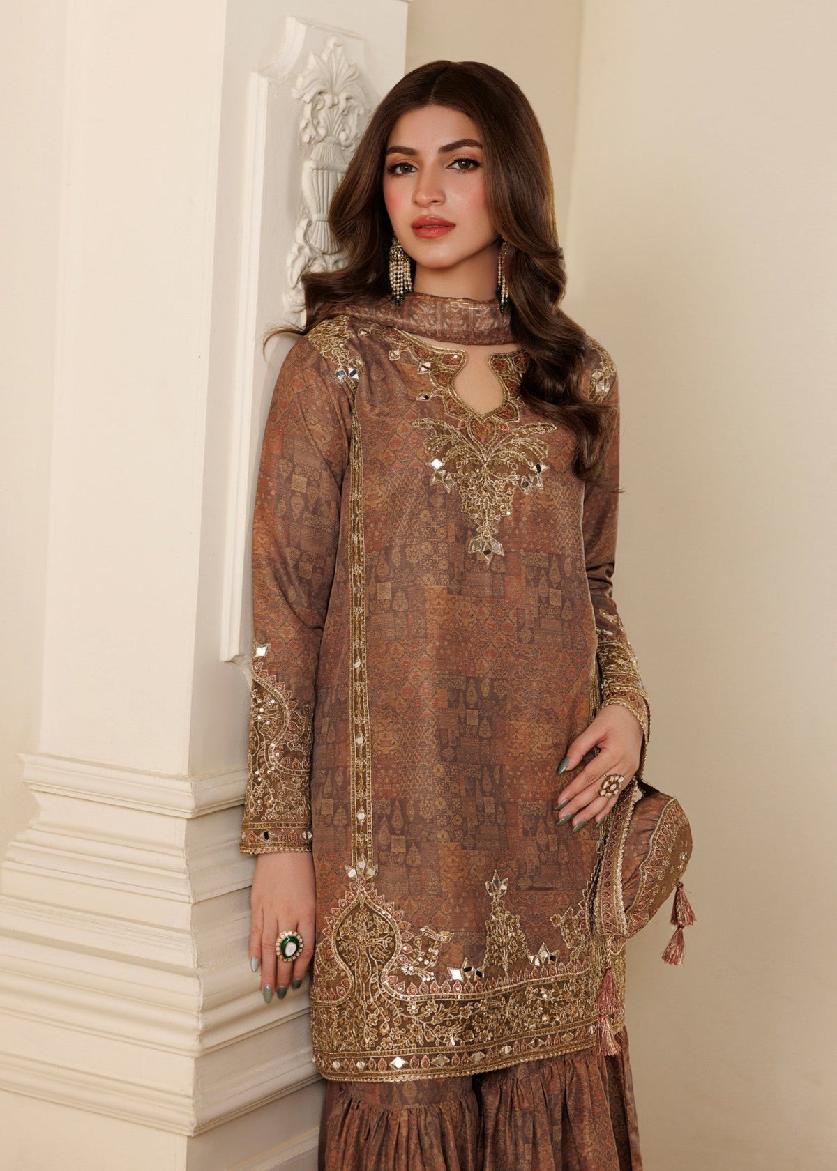 Pakistani Designer Camel Brown Mirror Work Gharara Online in KSA Riyadh Saudi Arabia Oman Bahrain Qatar