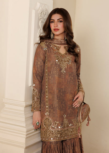 Pakistani Designer Camel Brown Mirror Work Gharara Online in KSA Riyadh Saudi Arabia Oman Bahrain Qatar