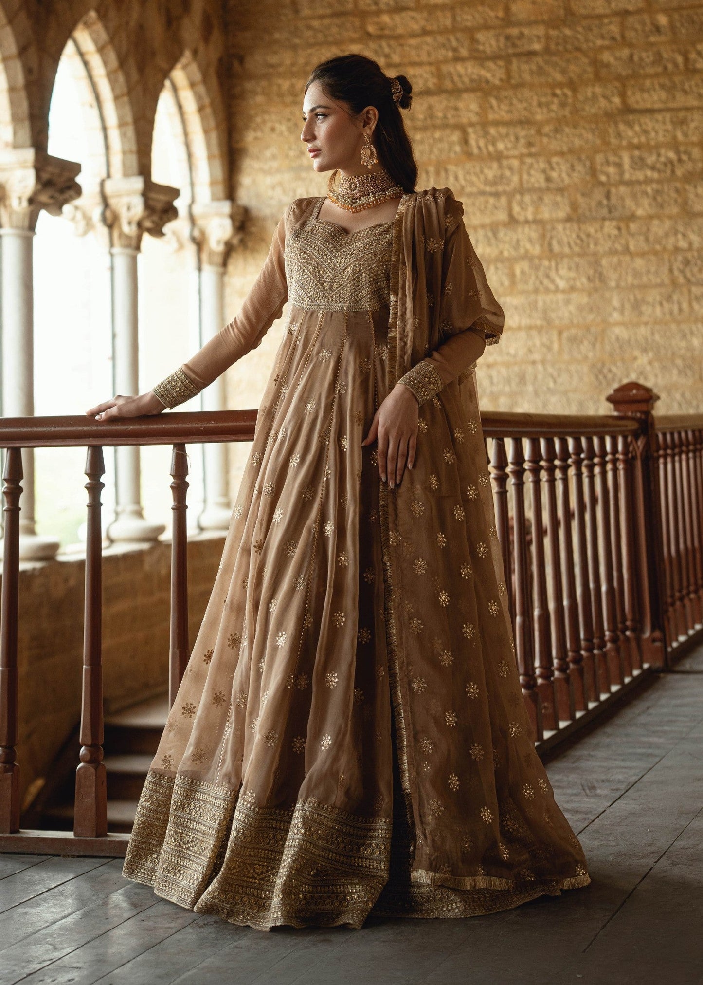 Pakistani Designer Camel Chiffon Salwar Kameez Online in KSA Riyadh Saudi Arabia Oman Bahrain Qatar