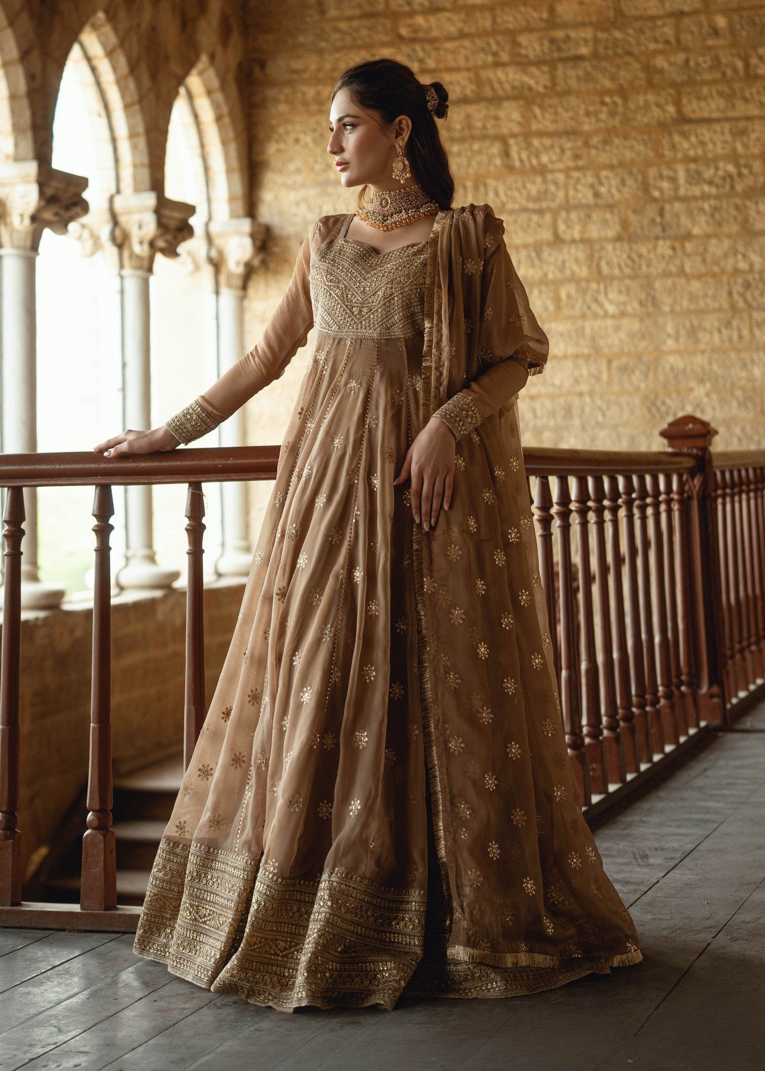 Pakistani Designer Camel Chiffon Salwar Kameez Online in KSA Riyadh Saudi Arabia Oman Bahrain Qatar