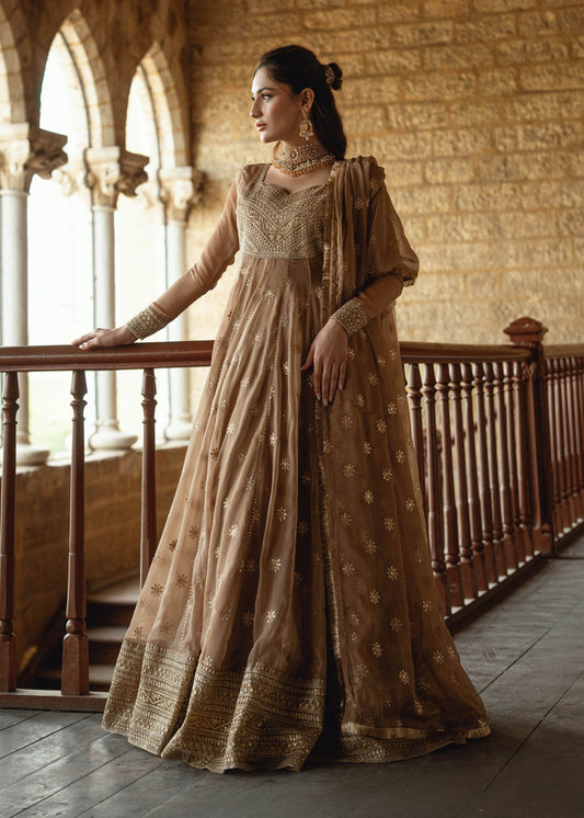 Pakistani Designer Camel Chiffon Salwar Kameez Online in KSA Riyadh Saudi Arabia Oman Bahrain Qatar
