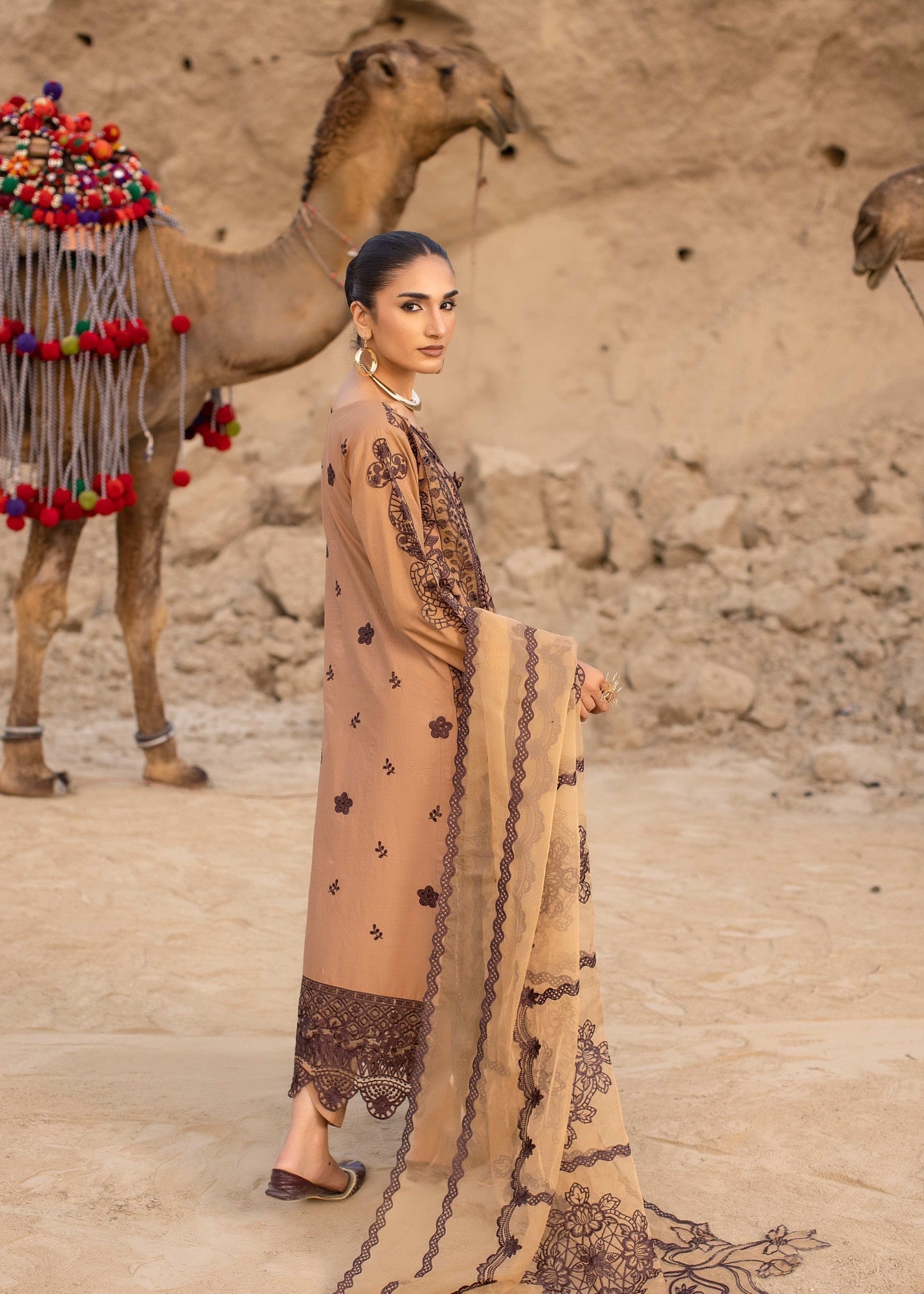 Pakistani Designer Camel Cotton Embroidered Suit Online in KSA Riyadh Saudi Arabia Oman Bahrain Qatar