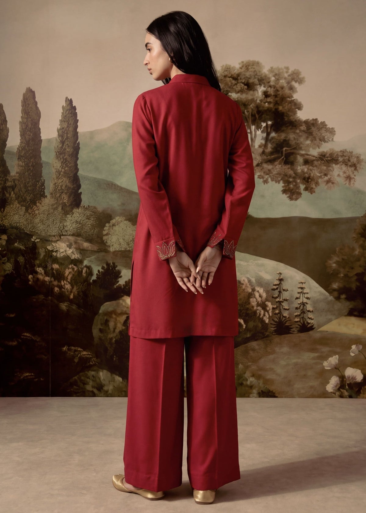 Pakistani Designer Cardinal Red Dhanak Salwar Kameez Online in KSA Riyadh Saudi Arabia Oman Bahrain Qatar