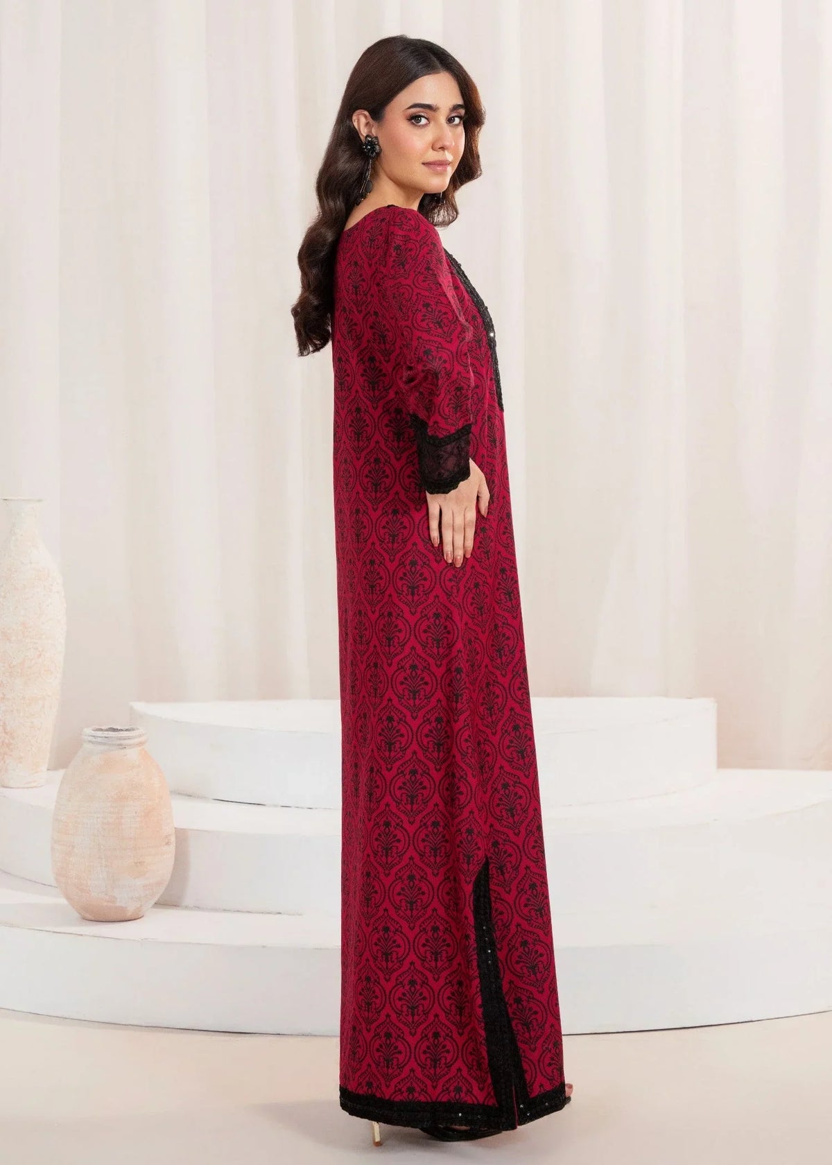 Pakistani Designer Cardinal Red Khaddar Kaftan Online in KSA Riyadh Saudi Arabia Oman Bahrain Qatar