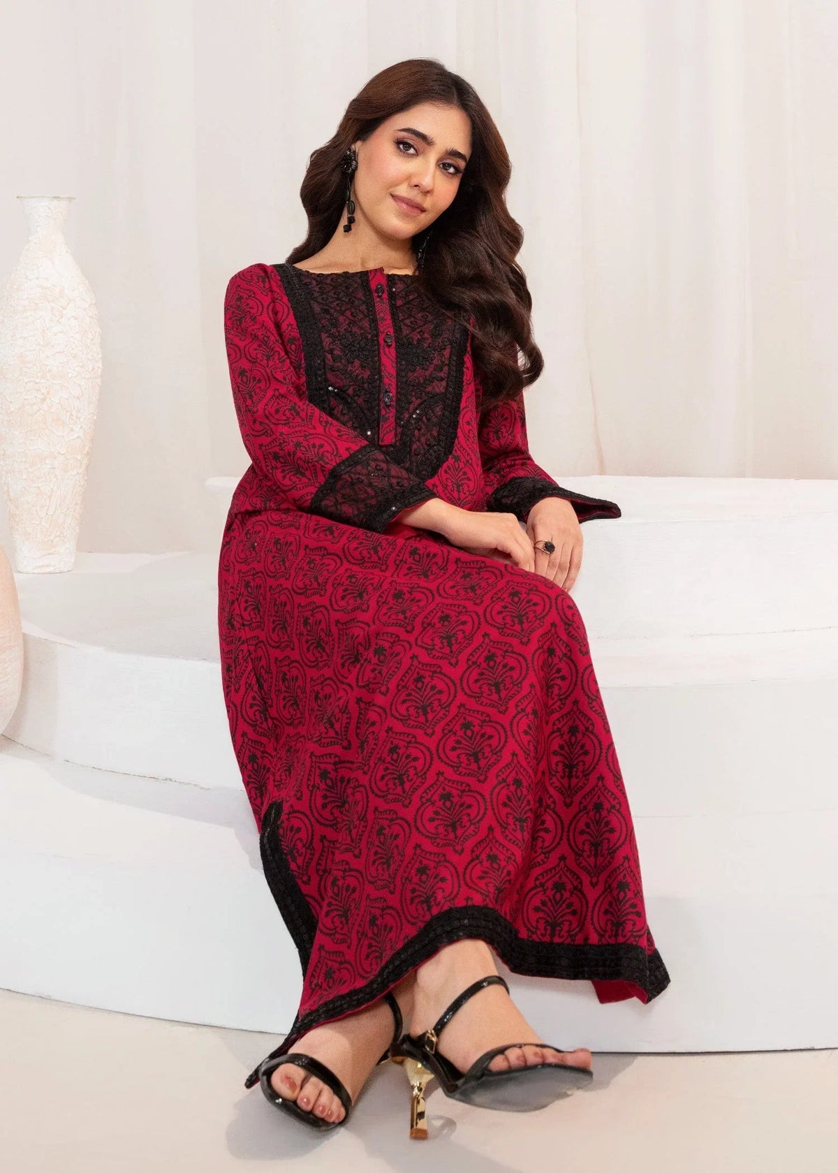 Pakistani Designer Cardinal Red Khaddar Kaftan Online in KSA Riyadh Saudi Arabia Oman Bahrain Qatar