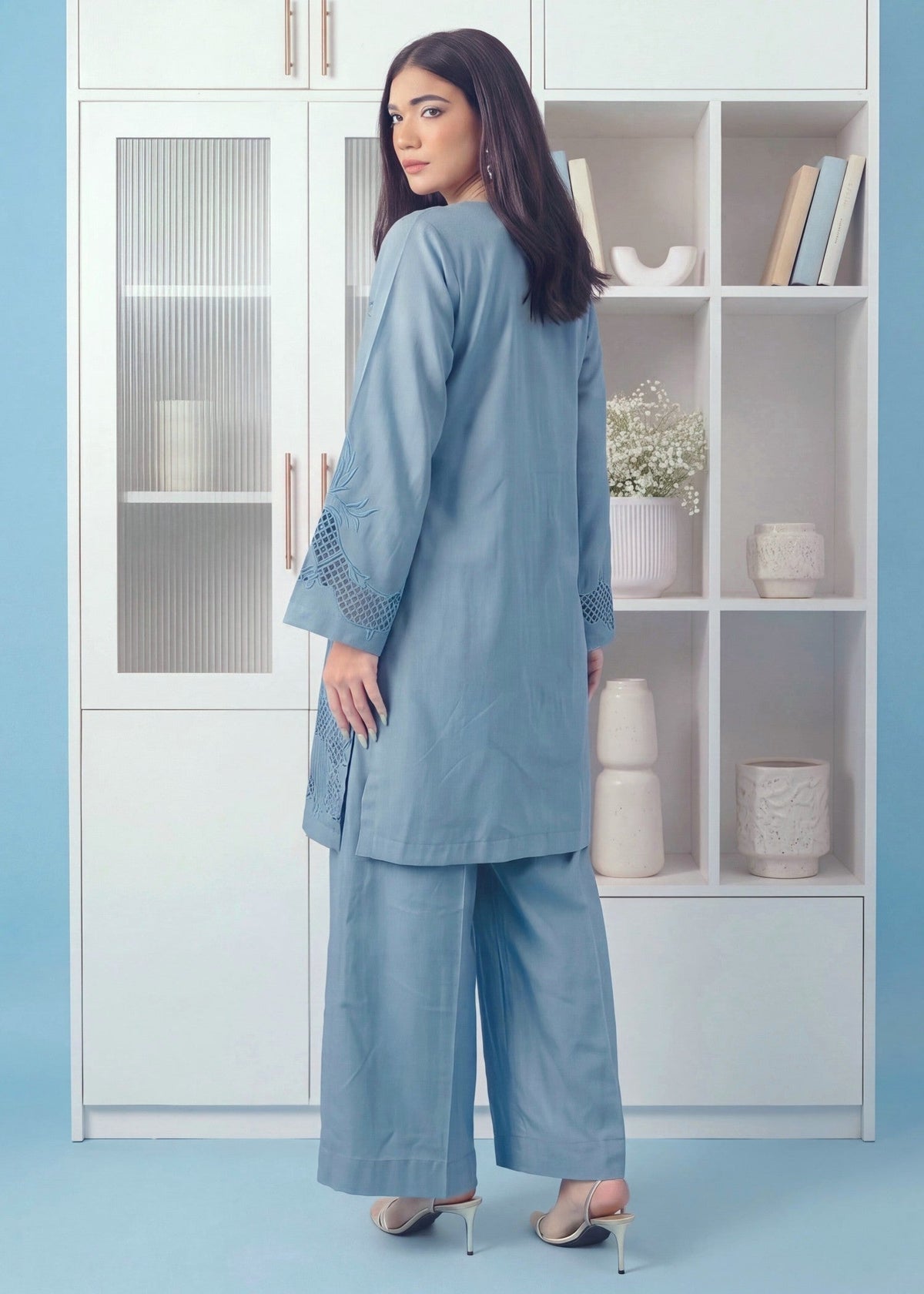 Pakistani Designer Carolina Blue Khaddar Kurta Set Online in KSA Riyadh Saudi Arabia Oman Bahrain Qatar