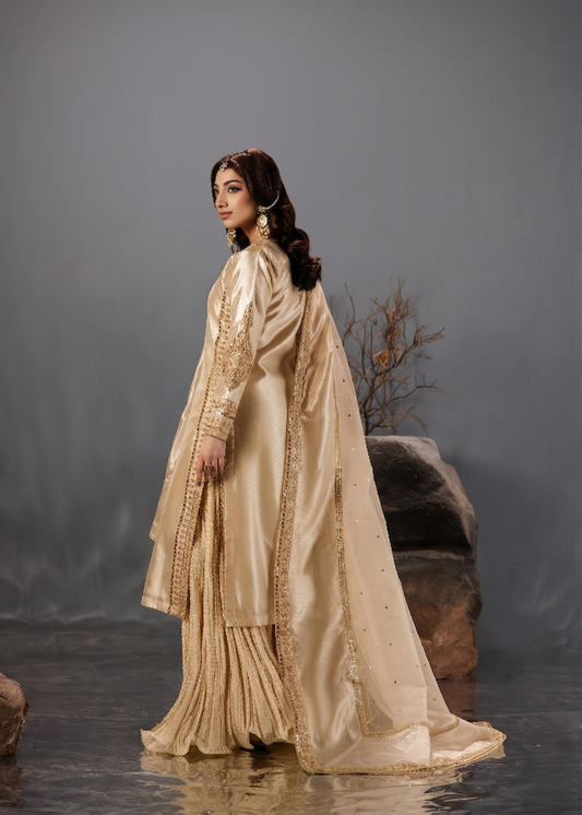 Pakistani Designer Champagne Tissue Sharara Gharara Online in KSA Riyadh Saudi Arabia Oman Bahrain Qatar
