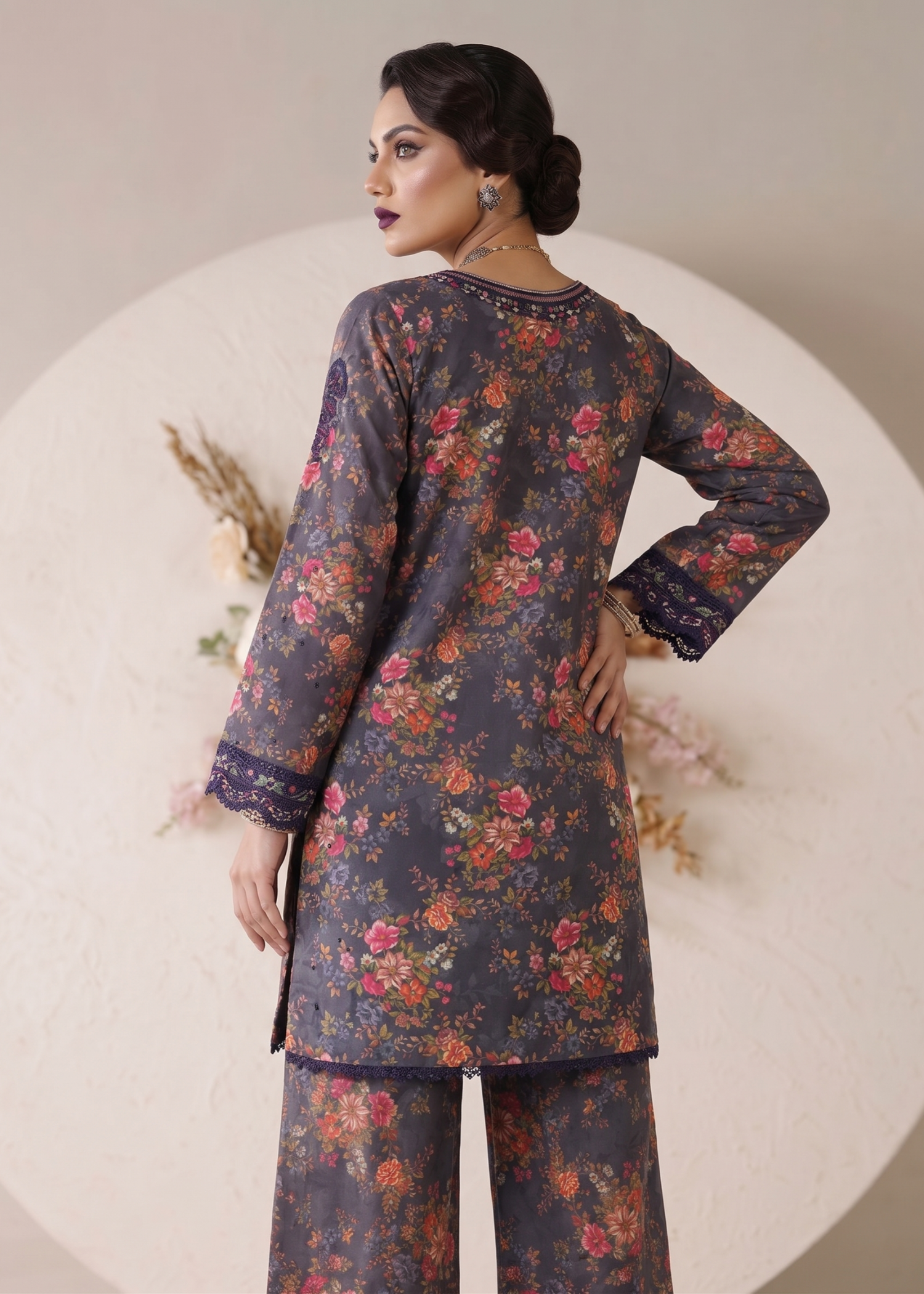 Pakistani Designer Charcoal Embroidered Lawn Suit Online in Dubai DXB UAE Abudhabi Meena Bazaar