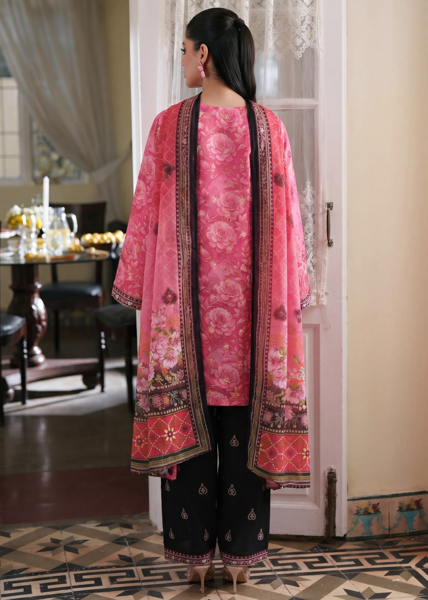 Pakistani Designer Cherry Red Lawn Suit Online in KSA Riyadh Saudi Arabia Oman Bahrain Qatar
