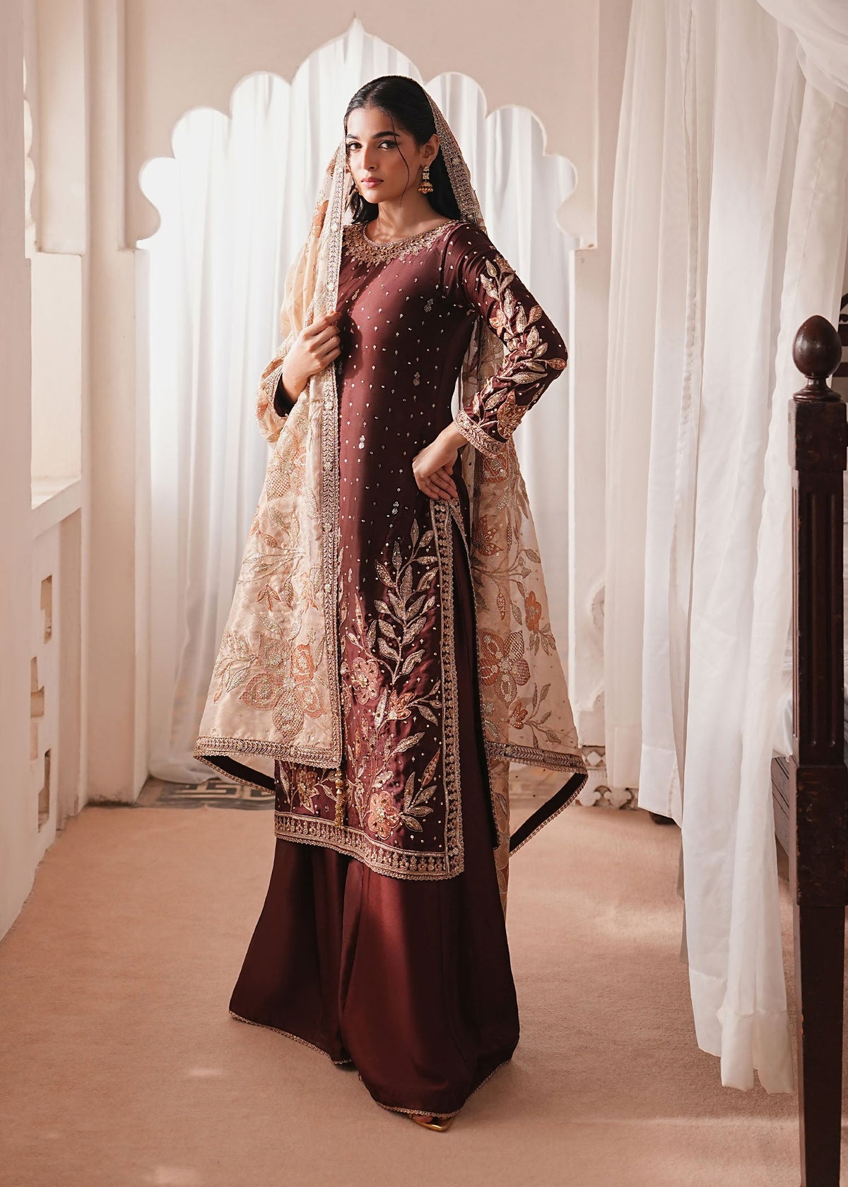 Pakistani Designer Chocolate Brown Embroidered Silk Suit Online in Sri Lanka India Australia