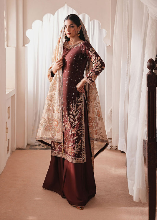 Pakistani Designer Chocolate Brown Embroidered Silk Suit Online in Sri Lanka India Australia